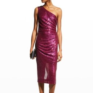 Dress The Population Martine Ruched Sequin Dress One-shoulder‎ Fuchsia Size XXS